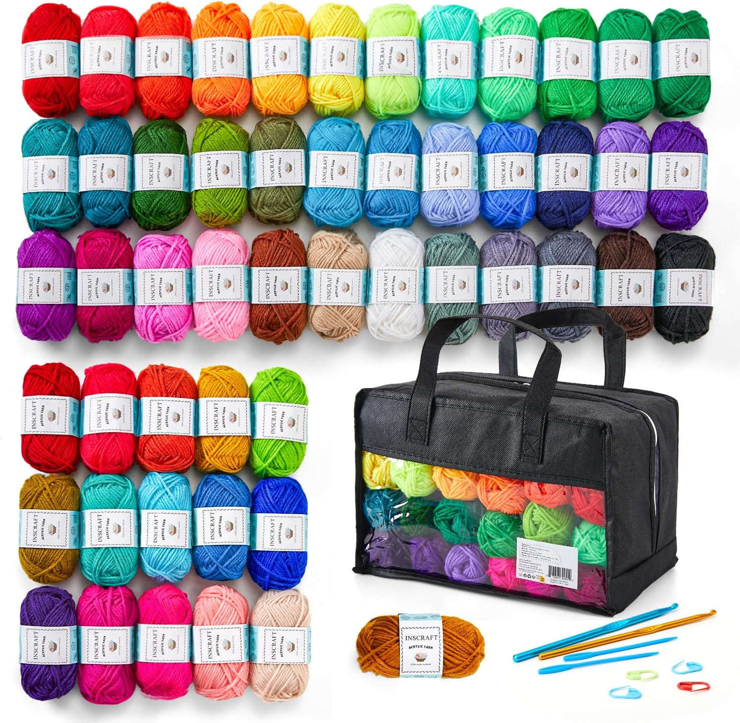 Inscraft 52 Acrylic Yarn Skeins. 1820 Yards 52 Colors. 2 Crochet Hooks. 2 Weaving Needles. 10 Stitch Markers. 1 Bag. for Crocheting & Knitting. Gift Beginners and Adults