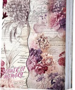 160 Sheets Vintage Flower Scrapbook Paper. Junk Journal Supplies. Purple Pink Flowers with Cursive Script No Repeating Perfect for Junk Journal DIY Cards Craft Albums Scrapbooking Supplies (Purple)